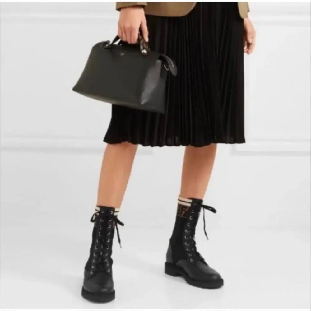 FENDI Rockoko FF logo jacquard stretch knit leather lace up biker boots